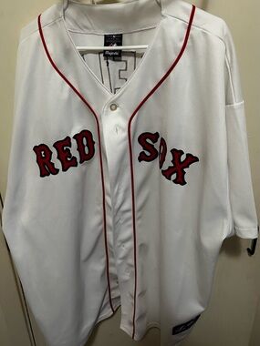 Majestic White Red Sox Button-Up Baseball Jersey with Red Trim